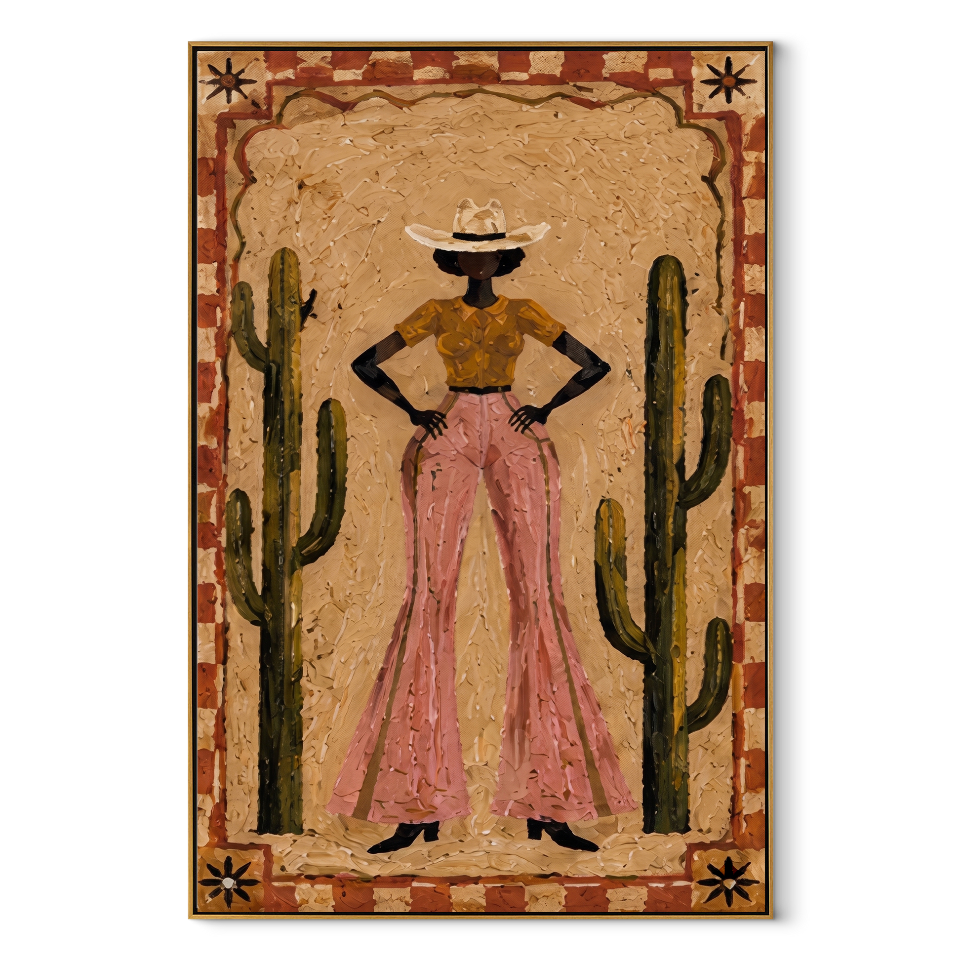 Cactus Walls Guard Rose - cowgirl cactus portrait painting by Ethan Mercer, contemporary Western vertical wall art – wood frame on white background