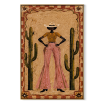 Cactus Walls Guard Rose - cowgirl cactus portrait painting by Ethan Mercer, contemporary Western vertical wall art – wood frame on white background
