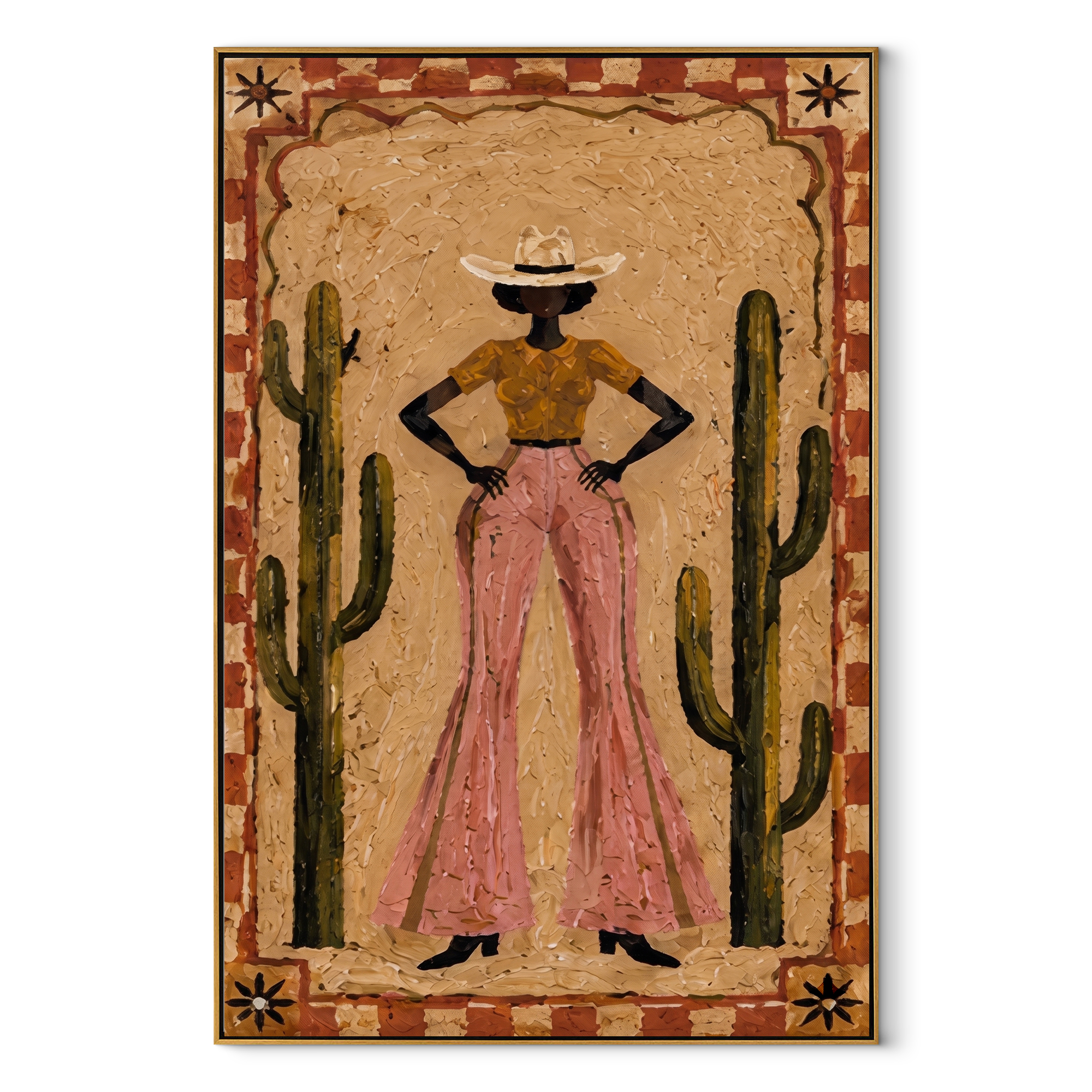 Cactus Walls Guard Rose - cowgirl cactus portrait painting by Ethan Mercer, contemporary Western vertical wall art – wood frame on white background