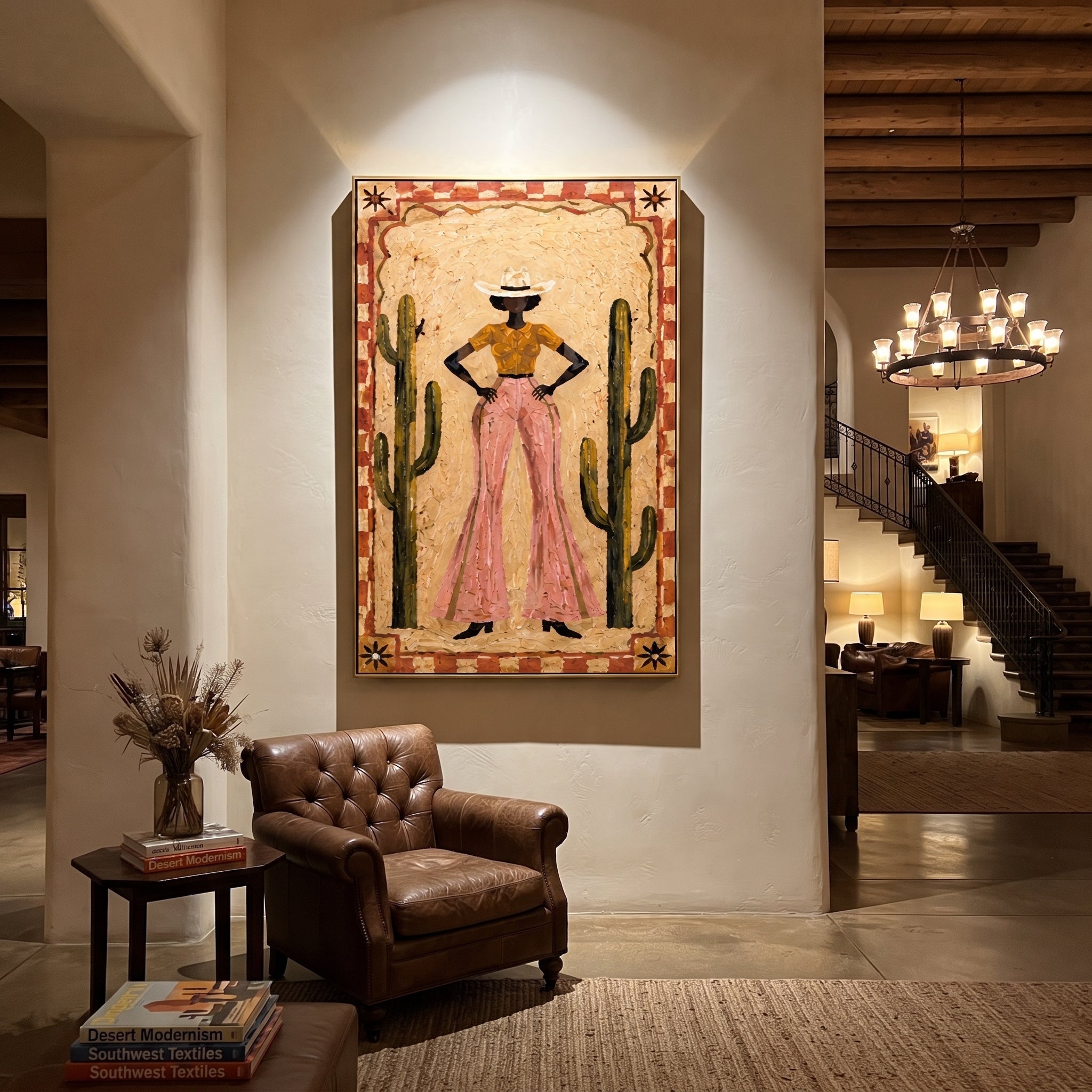 Cactus Walls Guard Rose - cowgirl cactus portrait painting by Ethan Mercer, contemporary Western vertical wall art – styled room scene view 2