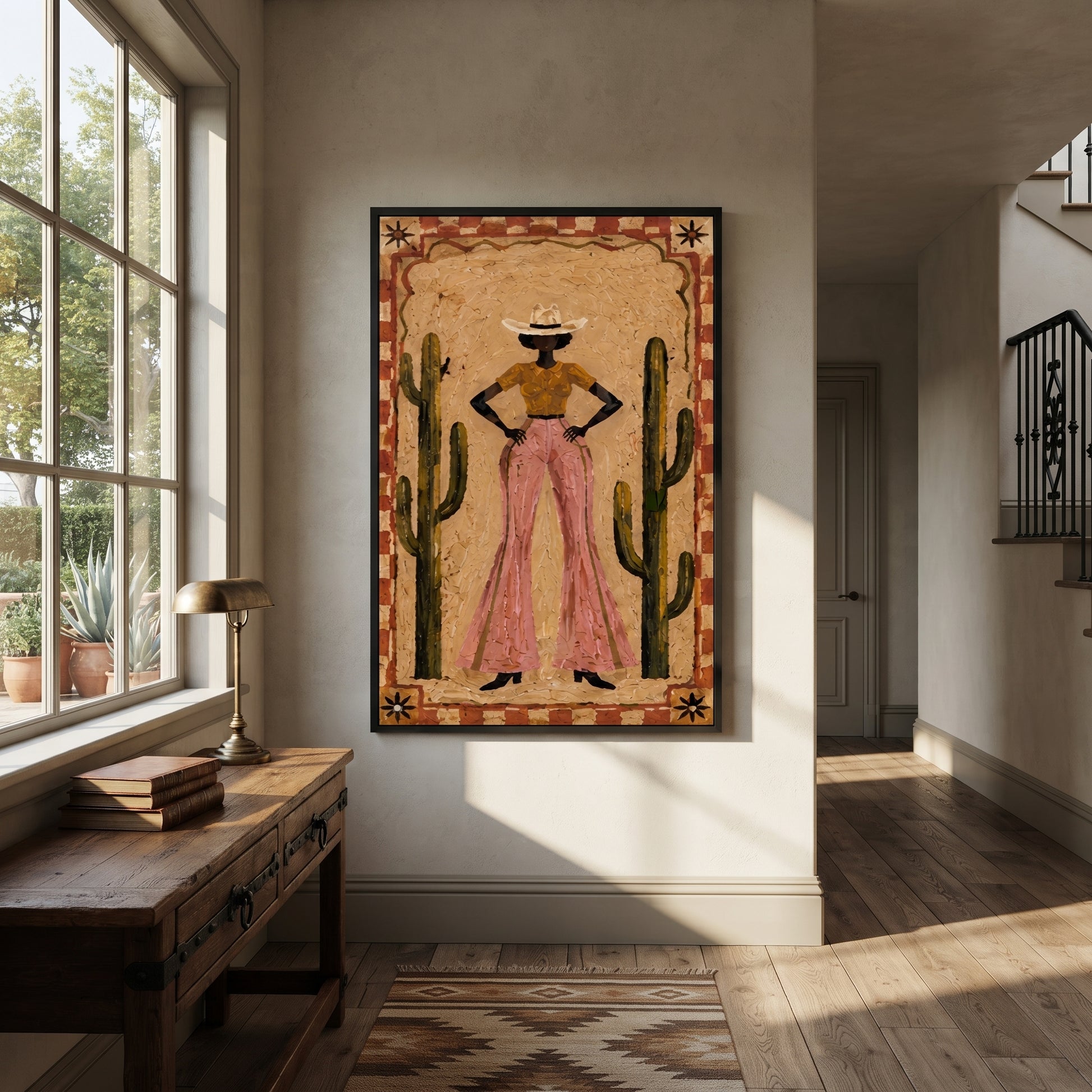 Cactus Walls Guard Rose - cowgirl cactus portrait painting by Ethan Mercer, contemporary Western vertical wall art – styled room scene view 3