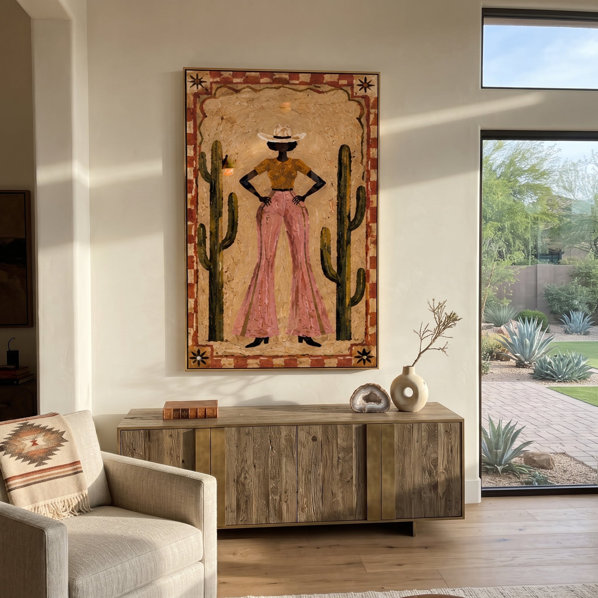 Cactus Walls Guard Rose - cowgirl cactus portrait painting by Ethan Mercer, contemporary Western vertical wall art – styled room scene view 4