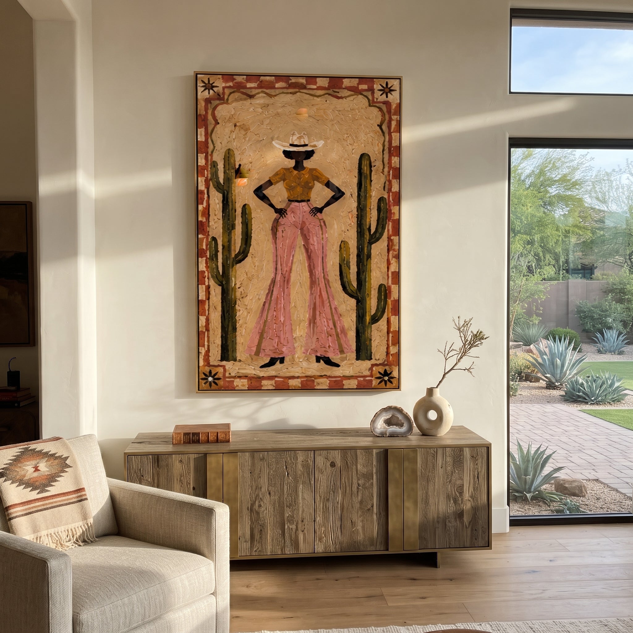Cactus Walls Guard Rose - cowgirl cactus portrait painting by Ethan Mercer, contemporary Western vertical wall art – styled room scene view 4