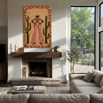 Cactus Walls Guard Rose - cowgirl cactus portrait painting by Ethan Mercer, contemporary Western vertical wall art – styled room scene view 5