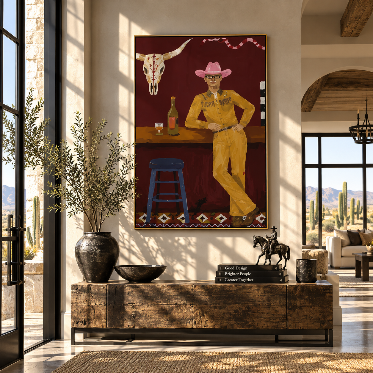 Yellow Suit Waits Bar - cowboy western bar painting by Ethan Mercer, contemporary Western vertical wall art – styled room scene view 1