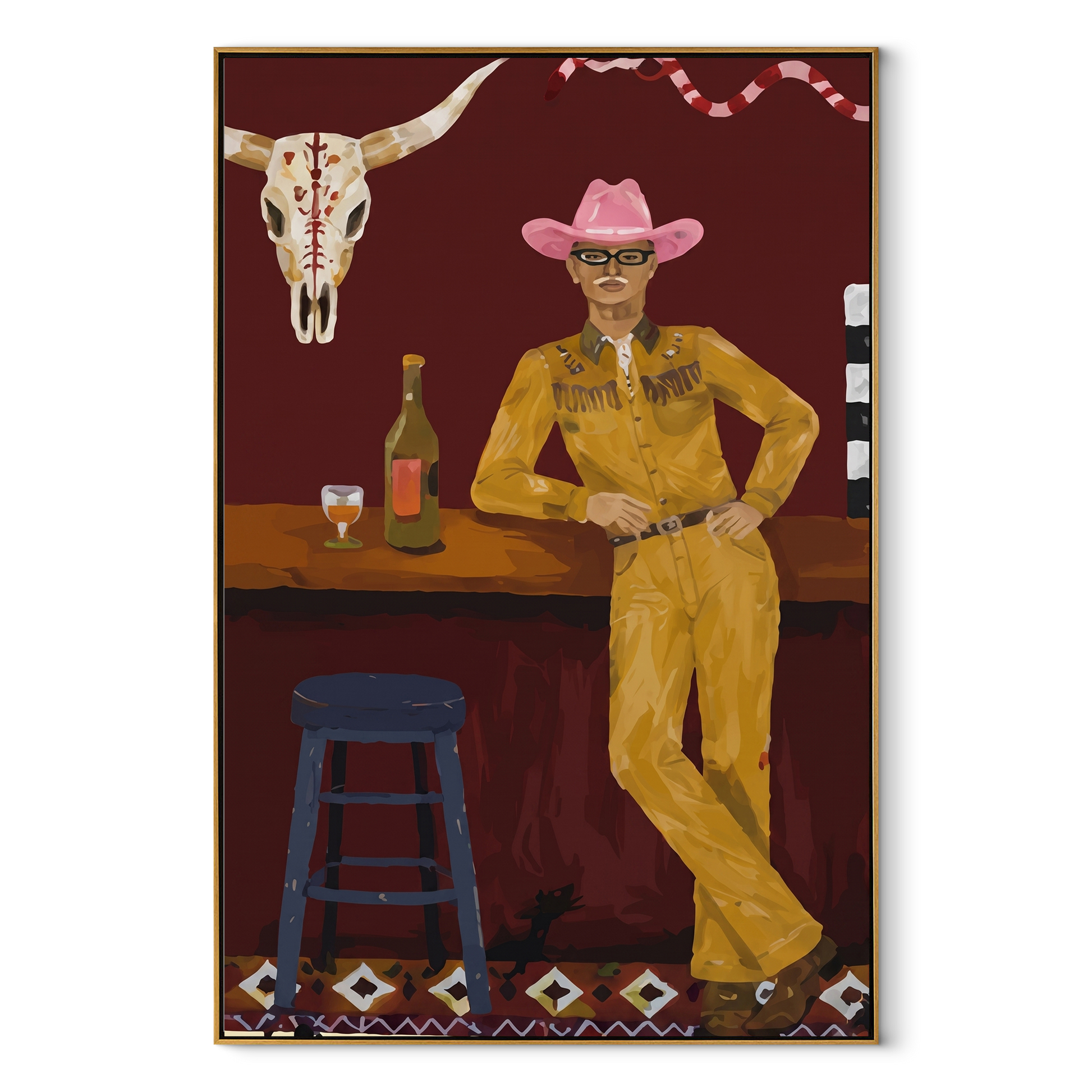 Yellow Suit Waits Bar - cowboy western bar painting by Ethan Mercer, contemporary Western vertical wall art – wood frame on white background