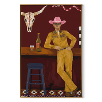 Yellow Suit Waits Bar - cowboy western bar painting by Ethan Mercer, contemporary Western vertical wall art – wood frame on white background