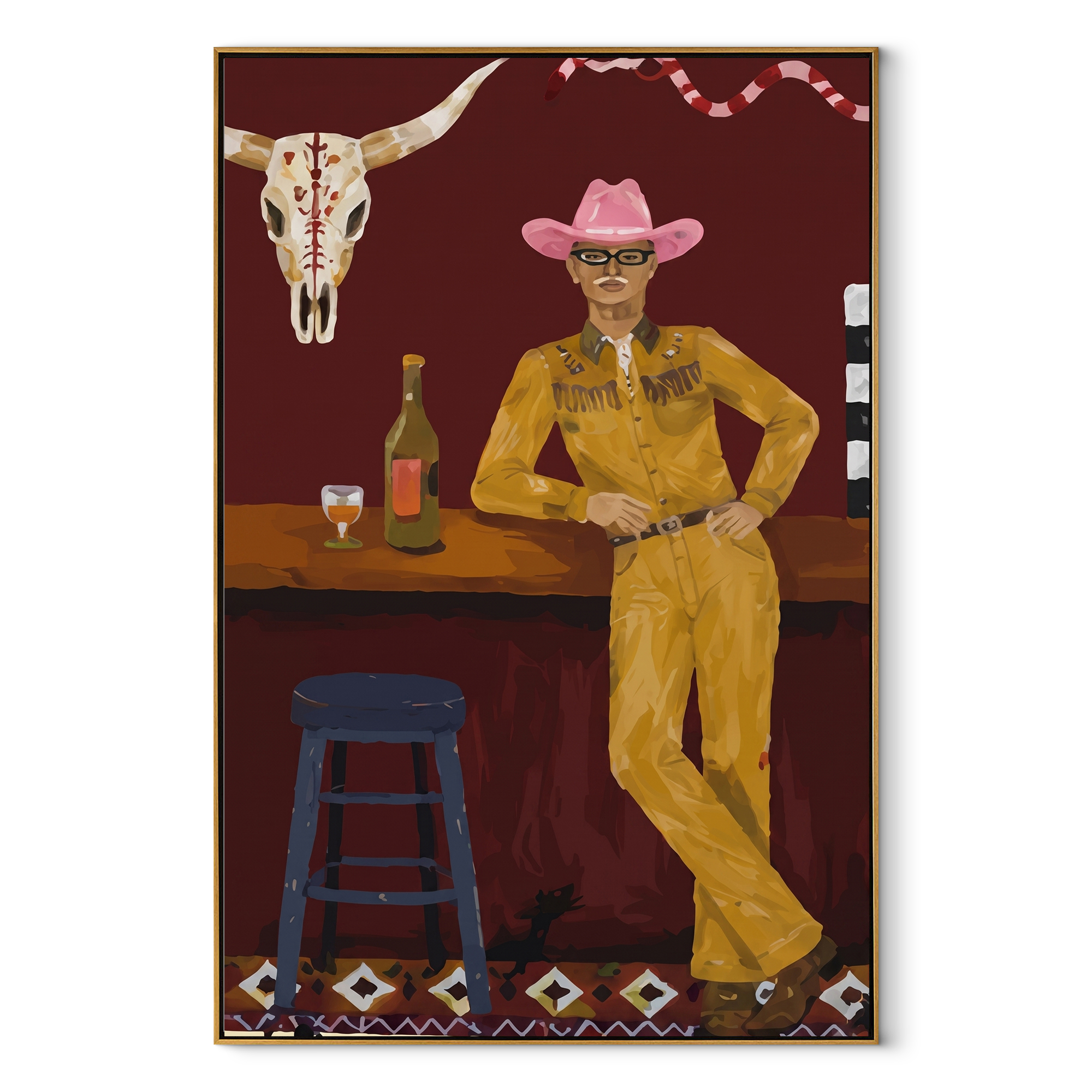 Yellow Suit Waits Bar - cowboy western bar painting by Ethan Mercer, contemporary Western vertical wall art – wood frame on white background
