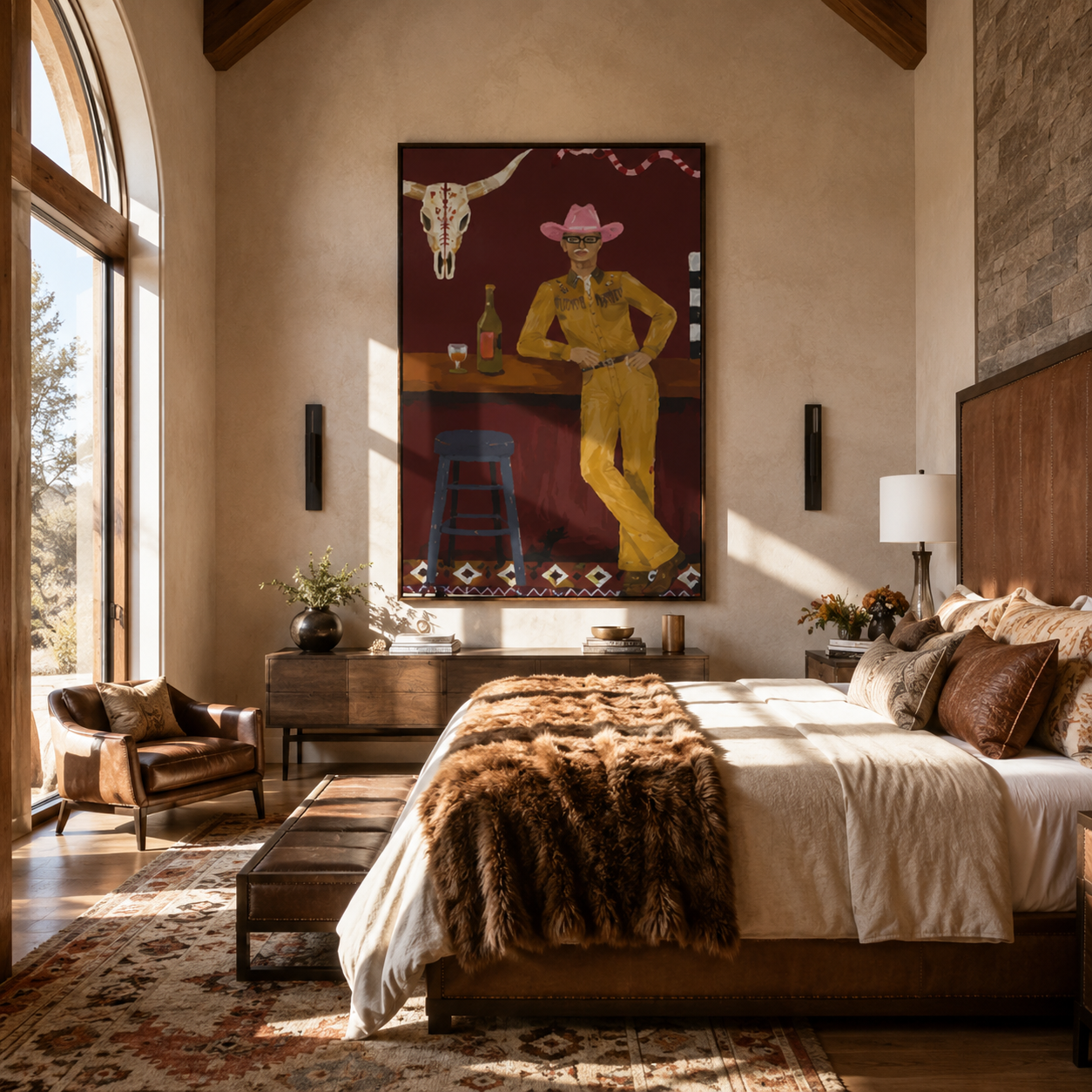 Yellow Suit Waits Bar - cowboy western bar painting by Ethan Mercer, contemporary Western vertical wall art – styled room scene view 2