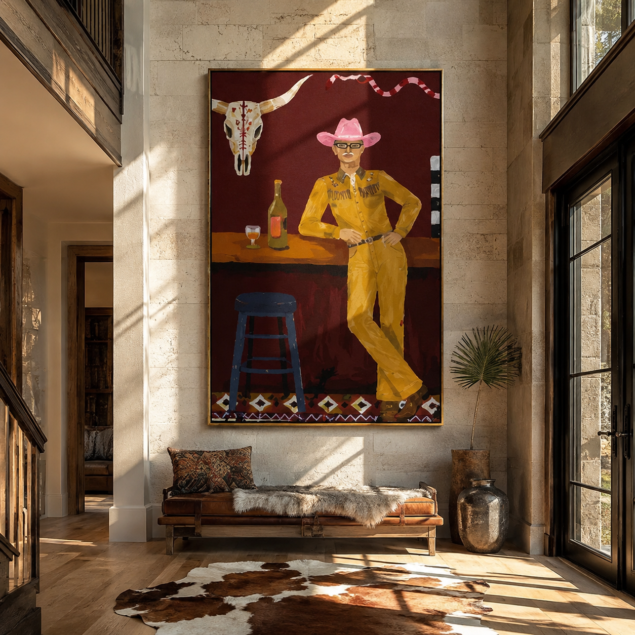 Yellow Suit Waits Bar - cowboy western bar painting by Ethan Mercer, contemporary Western vertical wall art – styled room scene view 3