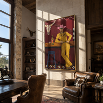 Yellow Suit Waits Bar - cowboy western bar painting by Ethan Mercer, contemporary Western vertical wall art – styled room scene view 4