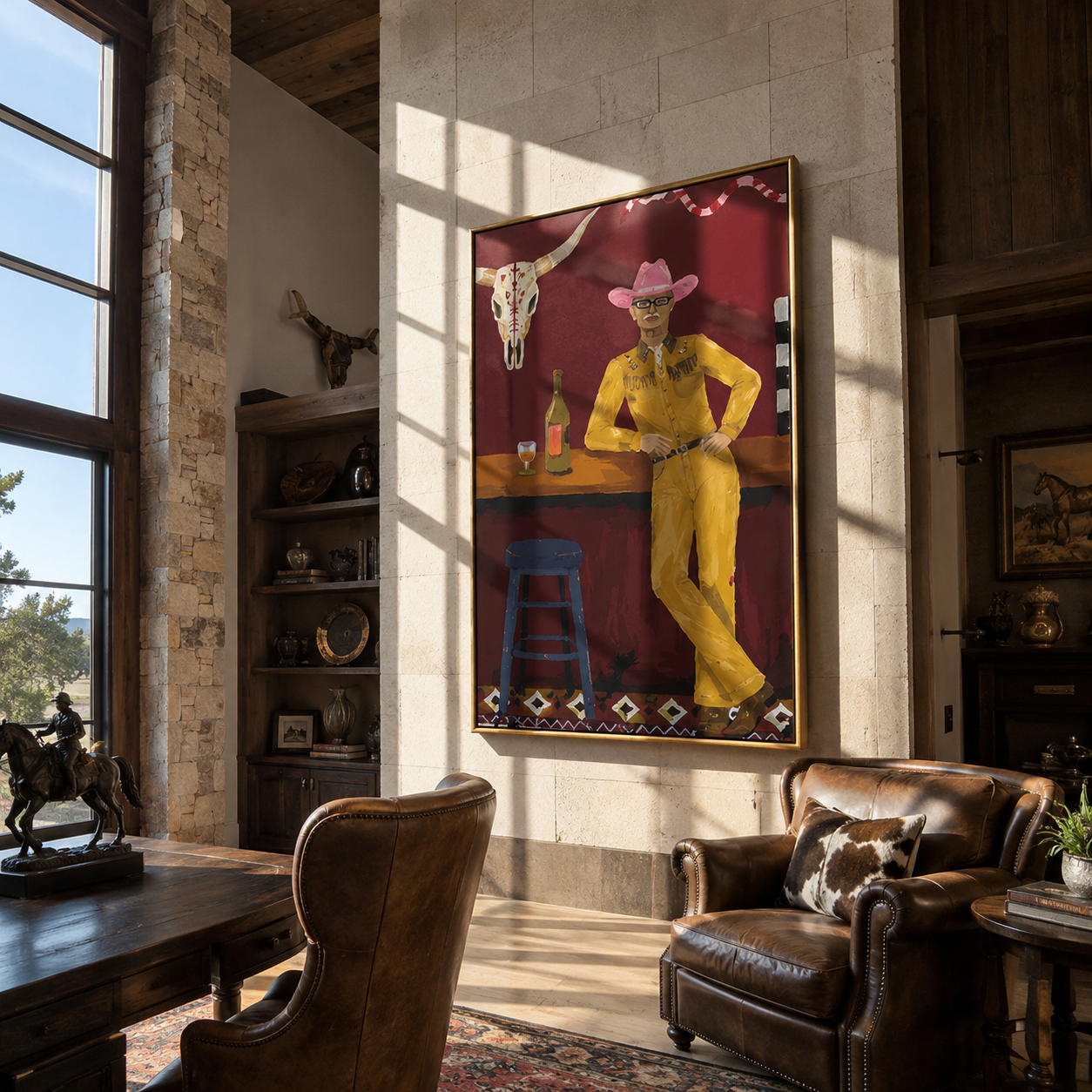 Yellow Suit Waits Bar - cowboy western bar painting by Ethan Mercer, contemporary Western vertical wall art – styled room scene view 4