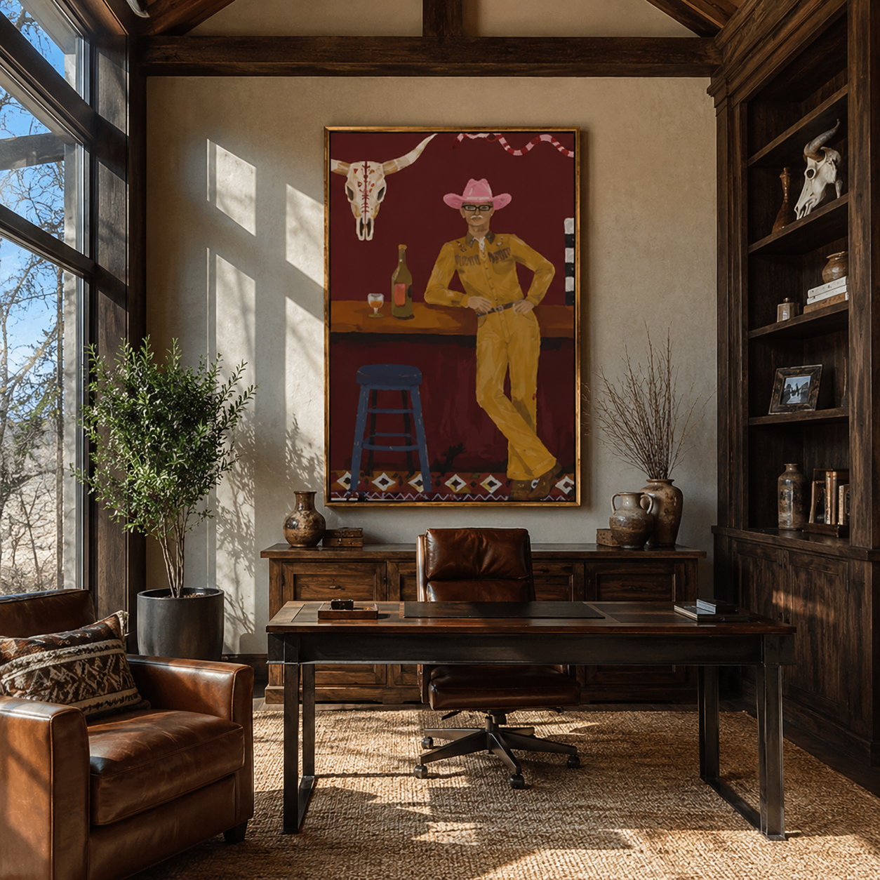 Yellow Suit Waits Bar - cowboy western bar painting by Ethan Mercer, contemporary Western vertical wall art – styled room scene view 5
