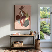 Striped Figure Holds Thought - minimal seated figure painting by Ethan Mercer, contemporary Western vertical wall art – styled room scene view 1