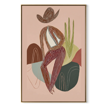 Striped Figure Holds Thought - minimal seated figure painting by Ethan Mercer, contemporary Western vertical wall art – wood frame on white background