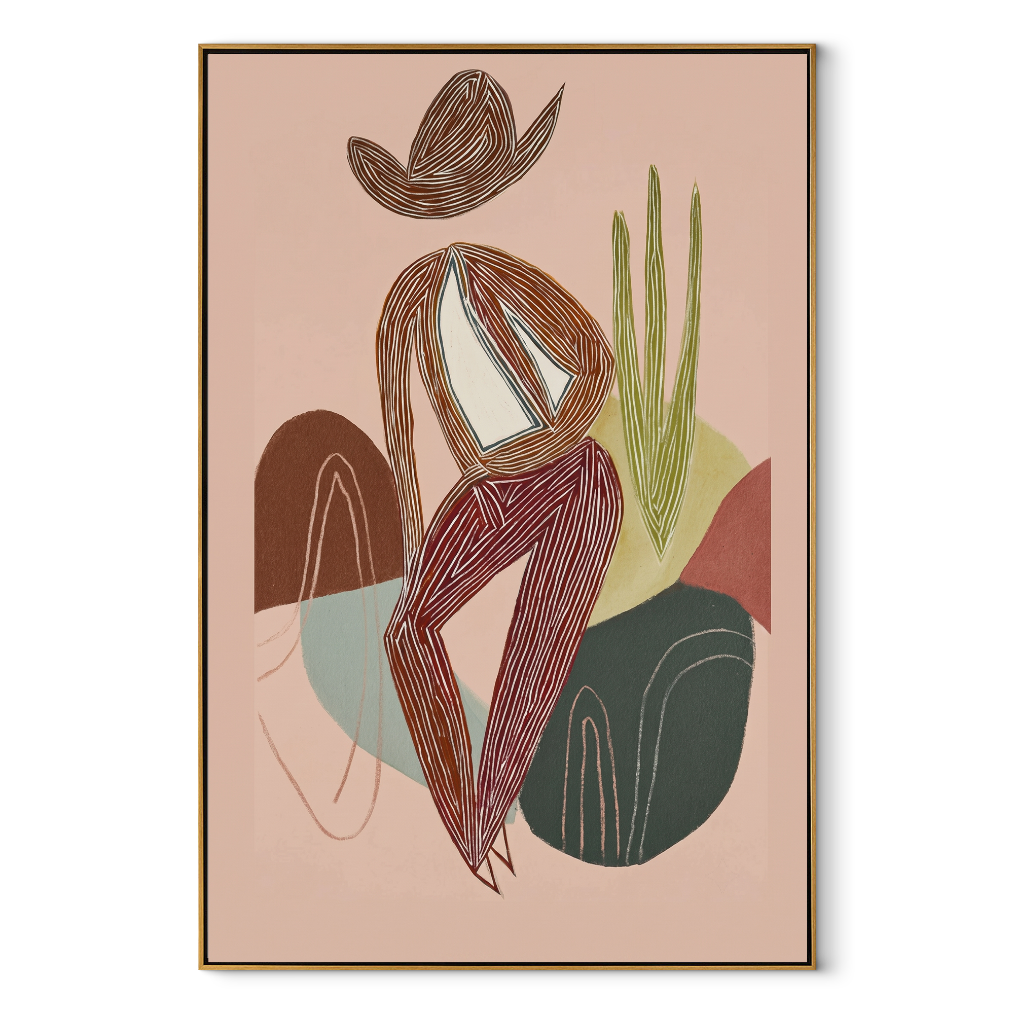 Striped Figure Holds Thought - minimal seated figure painting by Ethan Mercer, contemporary Western vertical wall art – wood frame on white background