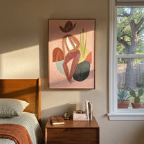 Striped Figure Holds Thought - minimal seated figure painting by Ethan Mercer, contemporary Western vertical wall art – styled room scene view 2