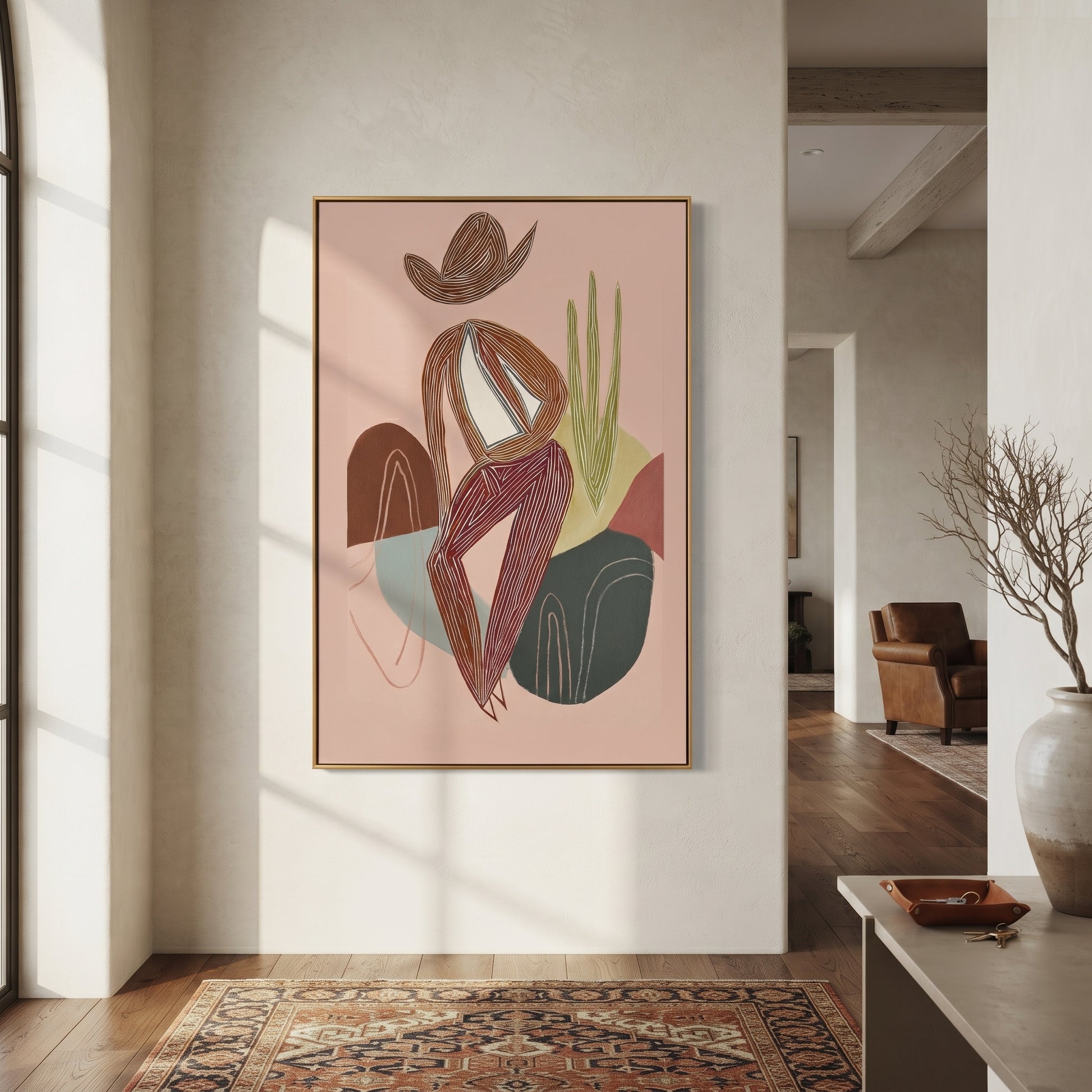 Striped Figure Holds Thought - minimal seated figure painting by Ethan Mercer, contemporary Western vertical wall art – styled room scene view 3
