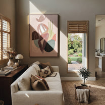 Striped Figure Holds Thought - minimal seated figure painting by Ethan Mercer, contemporary Western vertical wall art – styled room scene view 4