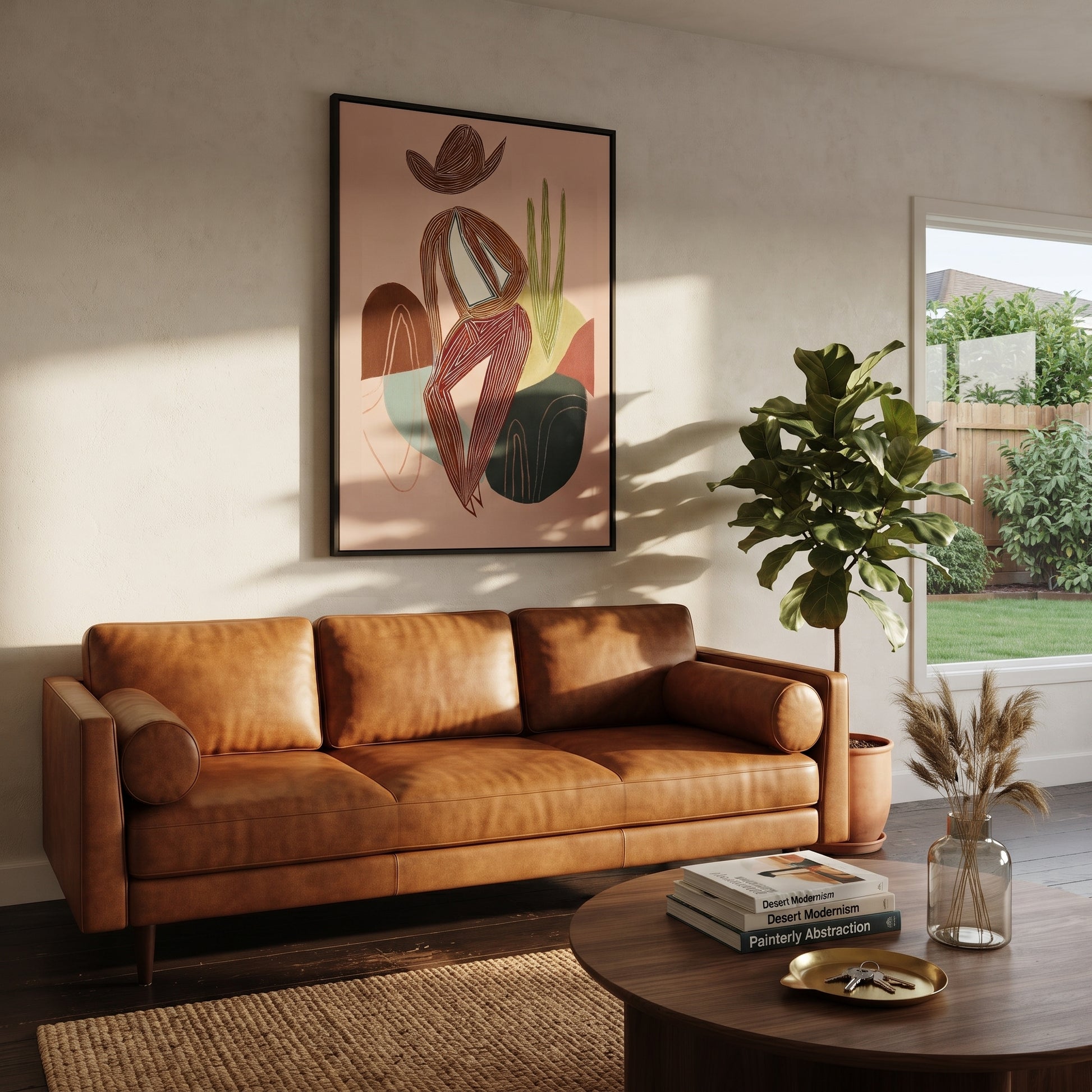 Striped Figure Holds Thought - minimal seated figure painting by Ethan Mercer, contemporary Western vertical wall art – styled room scene view 5