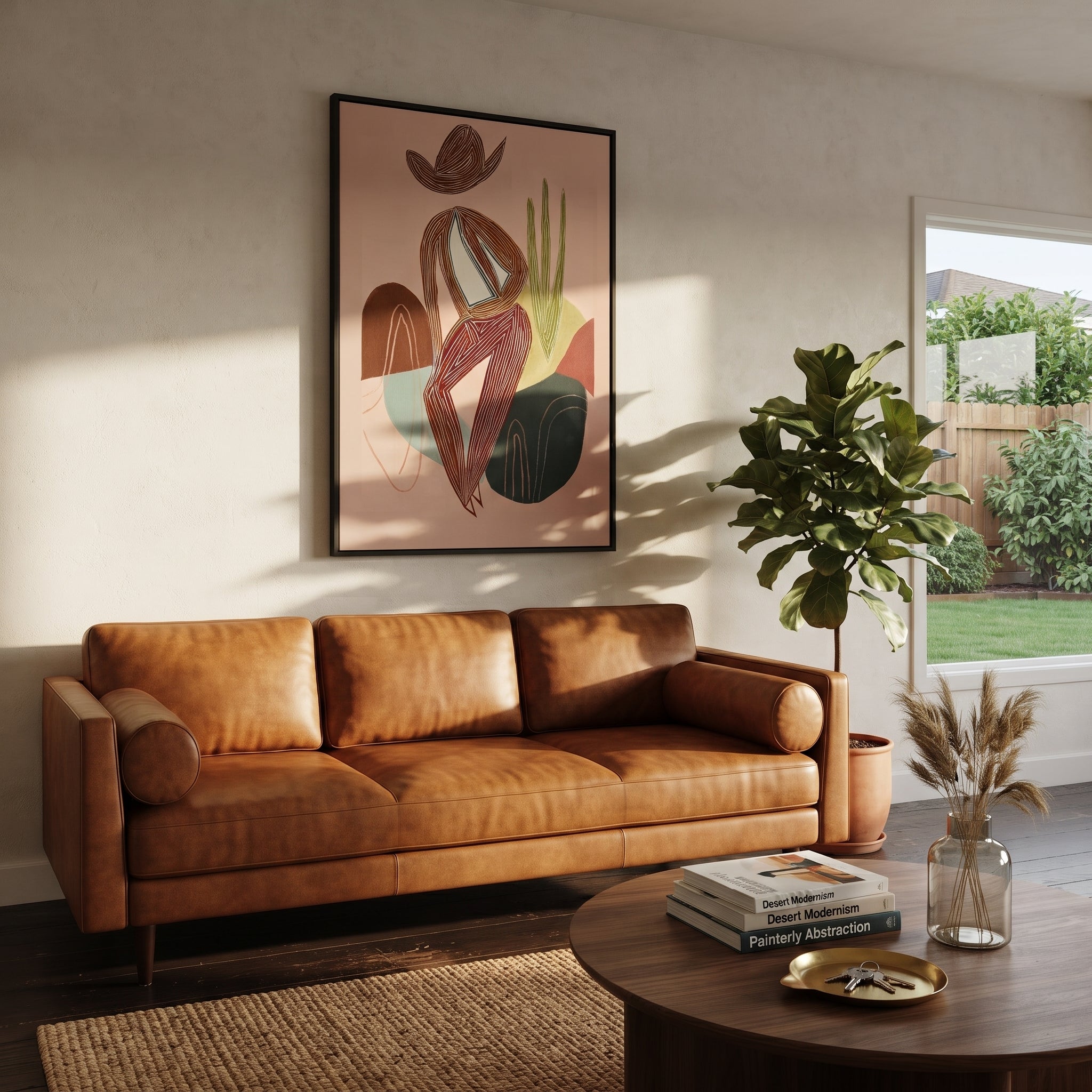 Striped Figure Holds Thought - minimal seated figure painting by Ethan Mercer, contemporary Western vertical wall art – styled room scene view 5