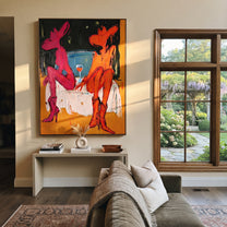 Two Cowgirls Trade Stories - neon cowgirl pair painting by Ethan Mercer, contemporary Western vertical wall art – styled room scene view 1