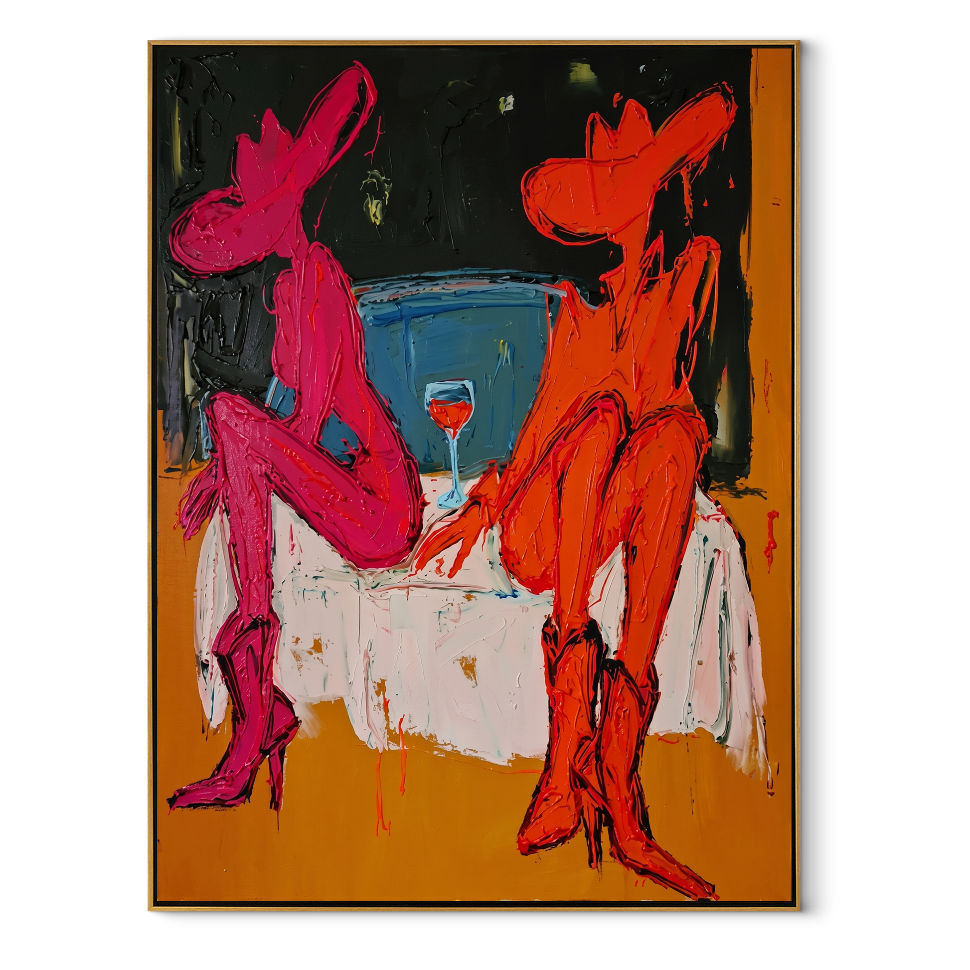 Two Cowgirls Trade Stories - neon cowgirl pair painting by Ethan Mercer, contemporary Western vertical wall art – wood frame on white background