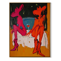 Two Cowgirls Trade Stories - neon cowgirl pair painting by Ethan Mercer, contemporary Western vertical wall art – wood frame on white background