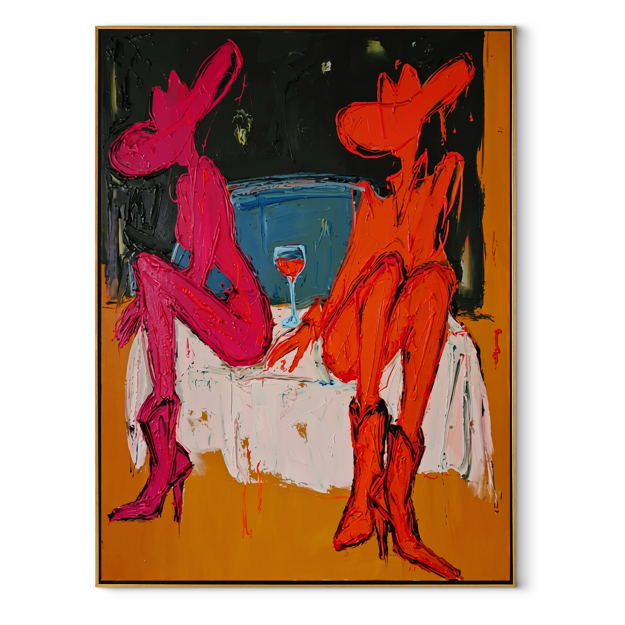 Two Cowgirls Trade Stories - neon cowgirl pair painting by Ethan Mercer, contemporary Western vertical wall art – wood frame on white background
