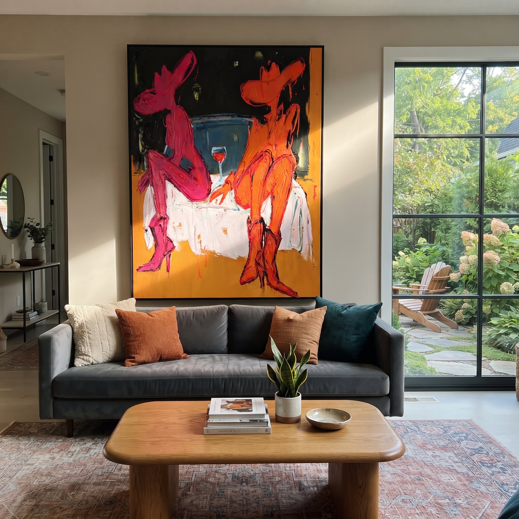 Two Cowgirls Trade Stories - neon cowgirl pair painting by Ethan Mercer, contemporary Western vertical wall art – styled room scene view 2