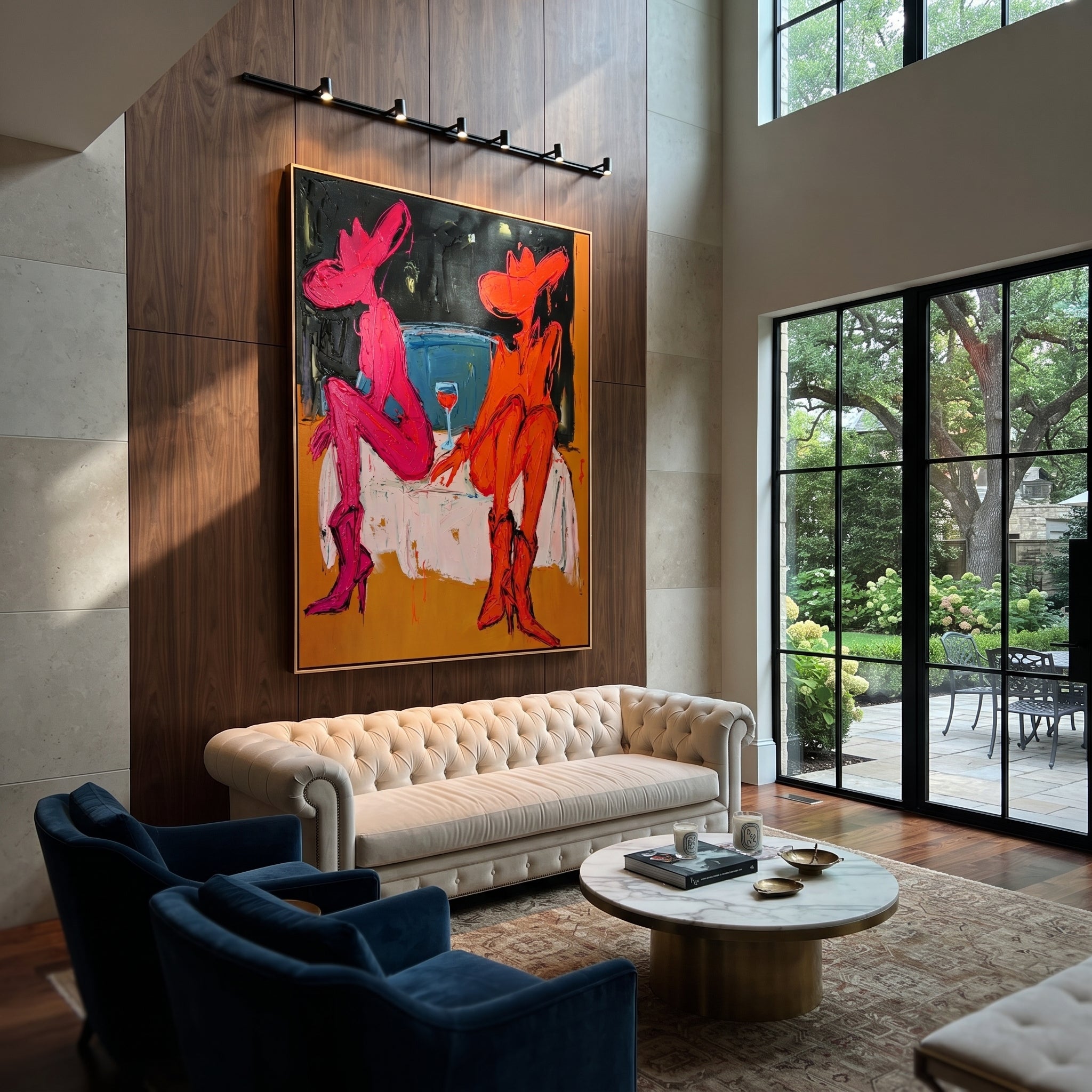 Two Cowgirls Trade Stories - neon cowgirl pair painting by Ethan Mercer, contemporary Western vertical wall art – styled room scene view 3