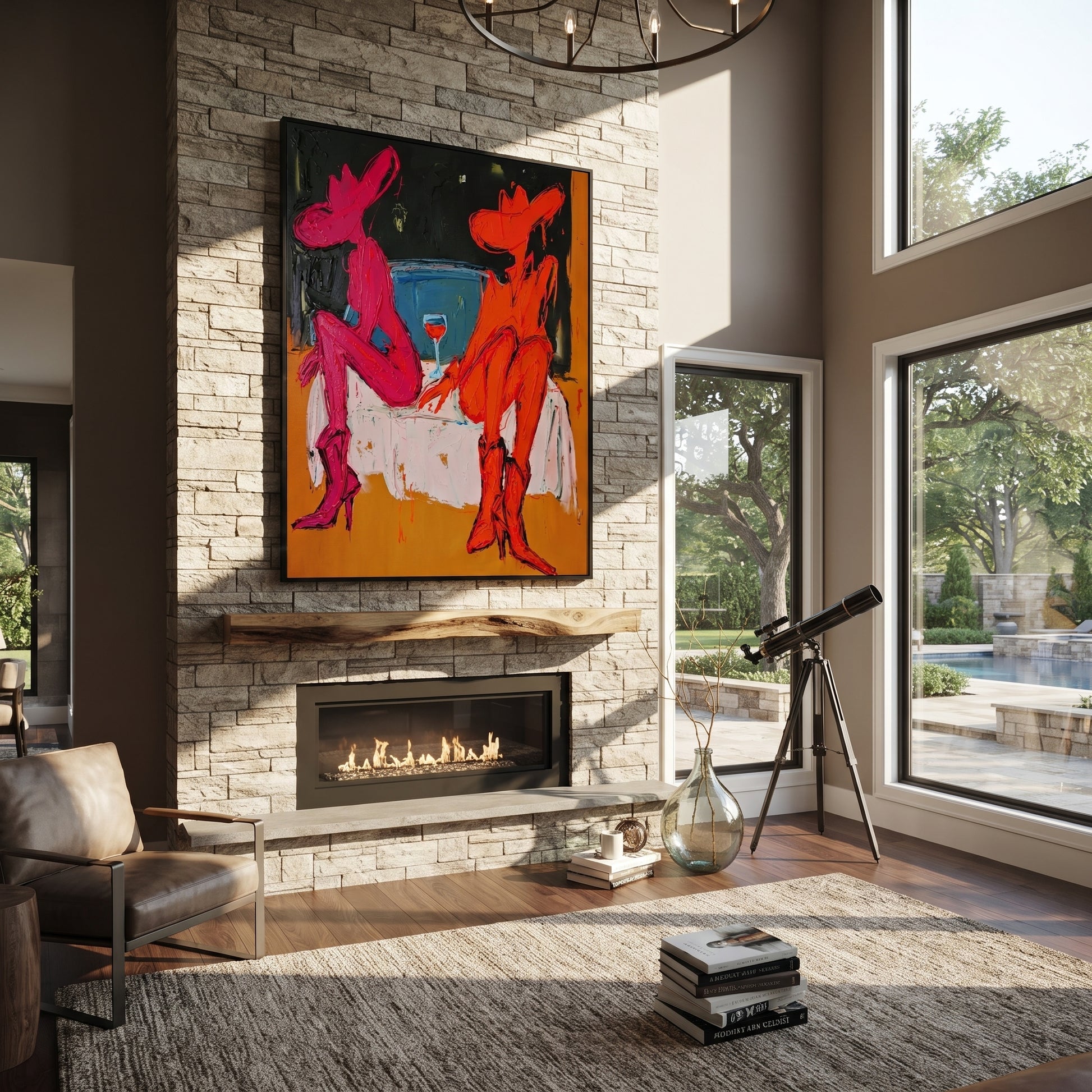 Two Cowgirls Trade Stories - neon cowgirl pair painting by Ethan Mercer, contemporary Western vertical wall art – styled room scene view 4
