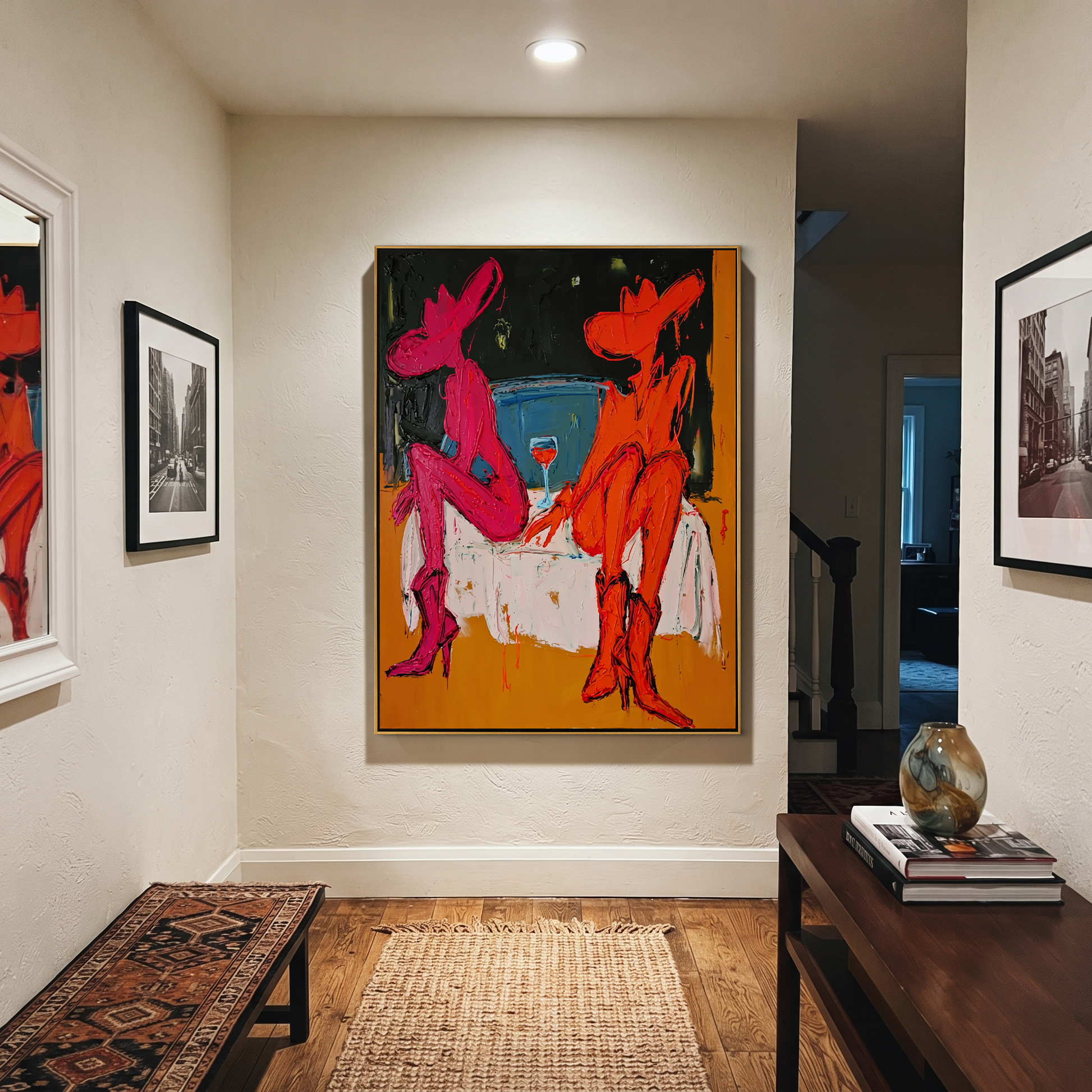 Two Cowgirls Trade Stories - neon cowgirl pair painting by Ethan Mercer, contemporary Western vertical wall art – styled room scene view 5