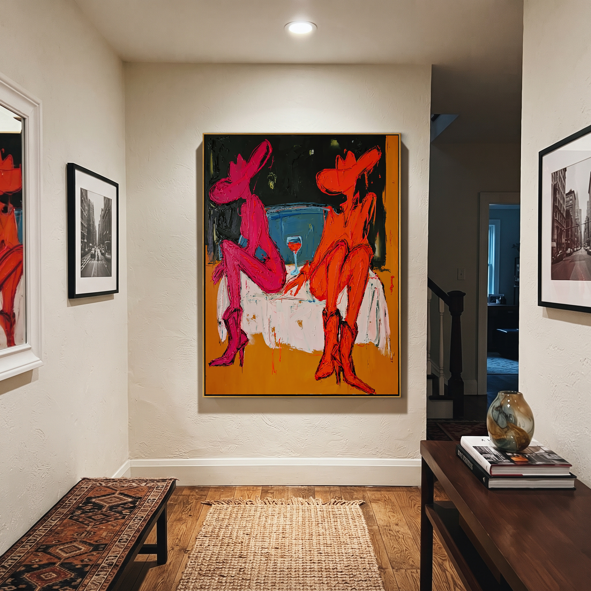 Two Cowgirls Trade Stories - neon cowgirl pair painting by Ethan Mercer, contemporary Western vertical wall art – styled room scene view 5