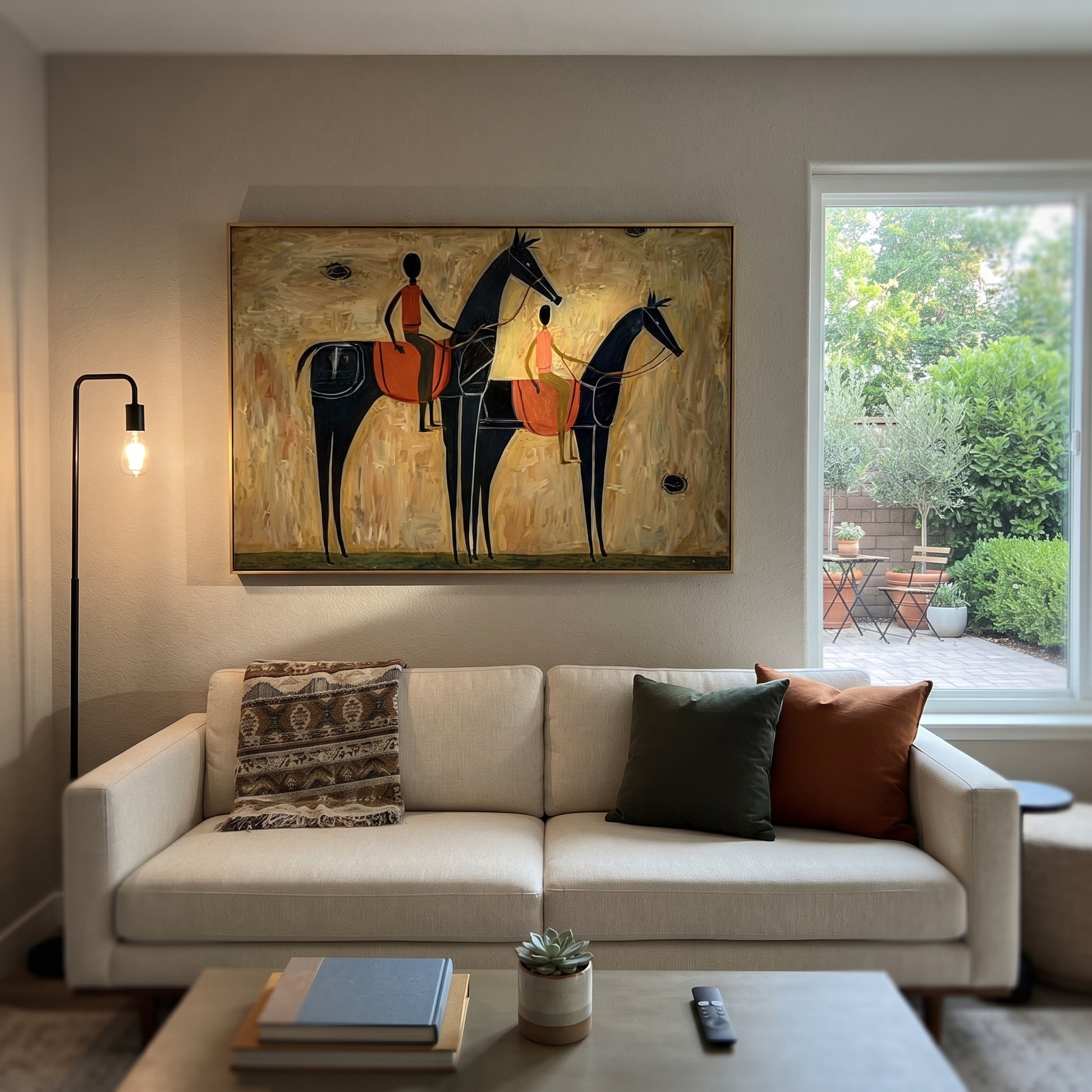 Two Riders Cross Ochre - two black horse riders by Ethan Mercer, contemporary Western horizontal wall art – styled room scene view 1