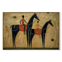 Two Riders Cross Ochre - two black horse riders by Ethan Mercer, contemporary Western horizontal wall art – wood frame on white background
