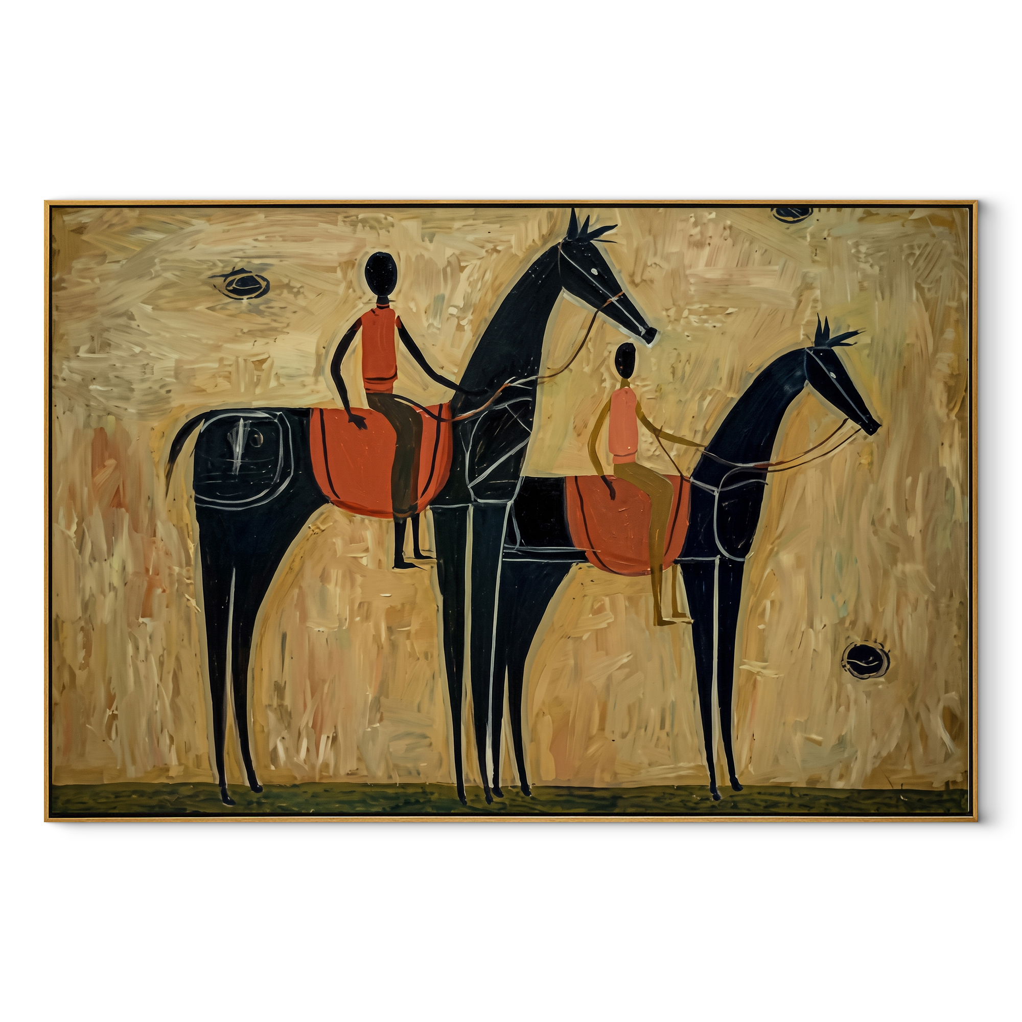 Two Riders Cross Ochre - two black horse riders by Ethan Mercer, contemporary Western horizontal wall art – wood frame on white background