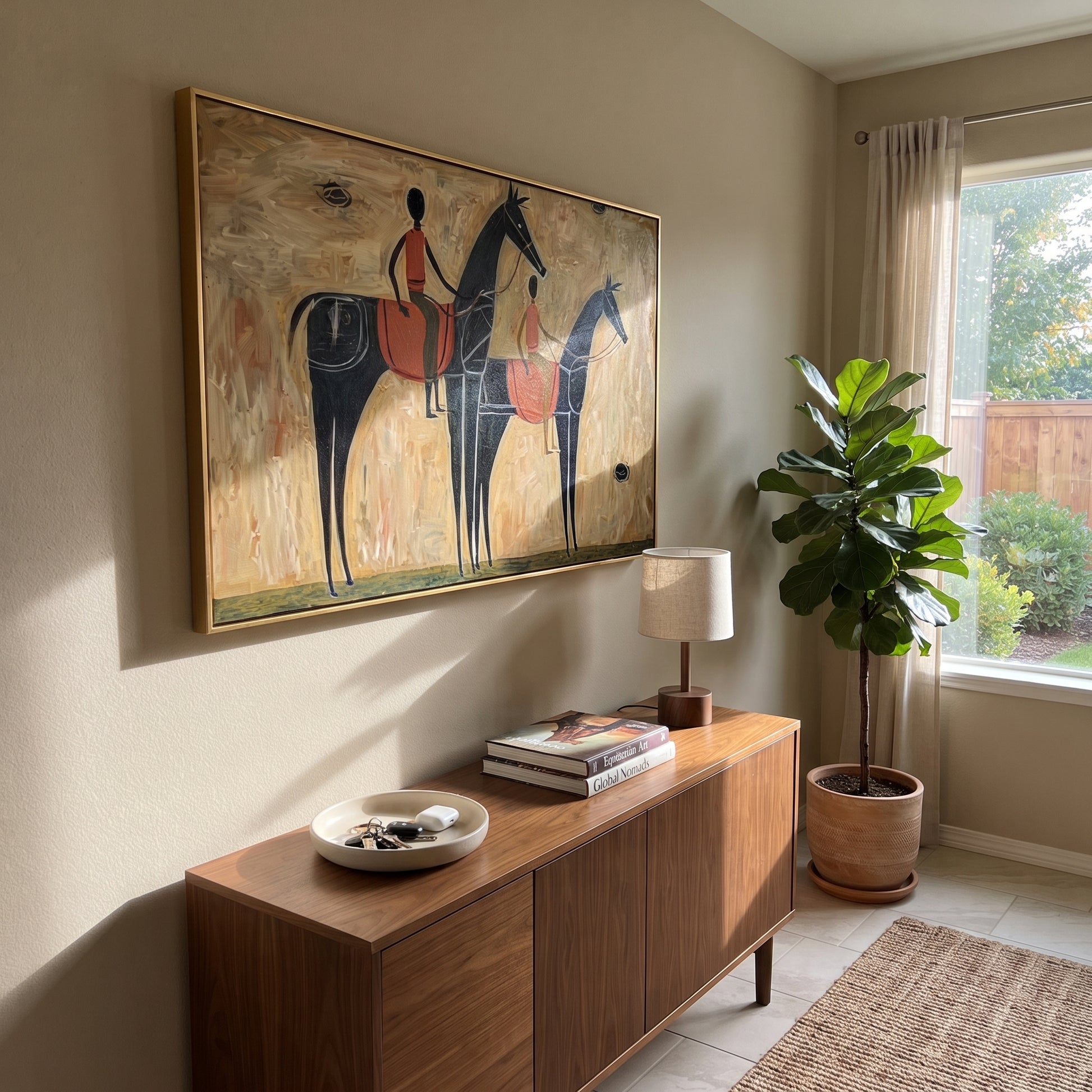 Two Riders Cross Ochre - two black horse riders by Ethan Mercer, contemporary Western horizontal wall art – styled room scene view 2