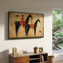 Two Riders Cross Ochre - two black horse riders by Ethan Mercer, contemporary Western horizontal wall art – styled room scene view 3