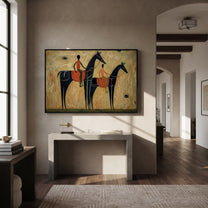 Two Riders Cross Ochre - two black horse riders by Ethan Mercer, contemporary Western horizontal wall art – styled room scene view 4