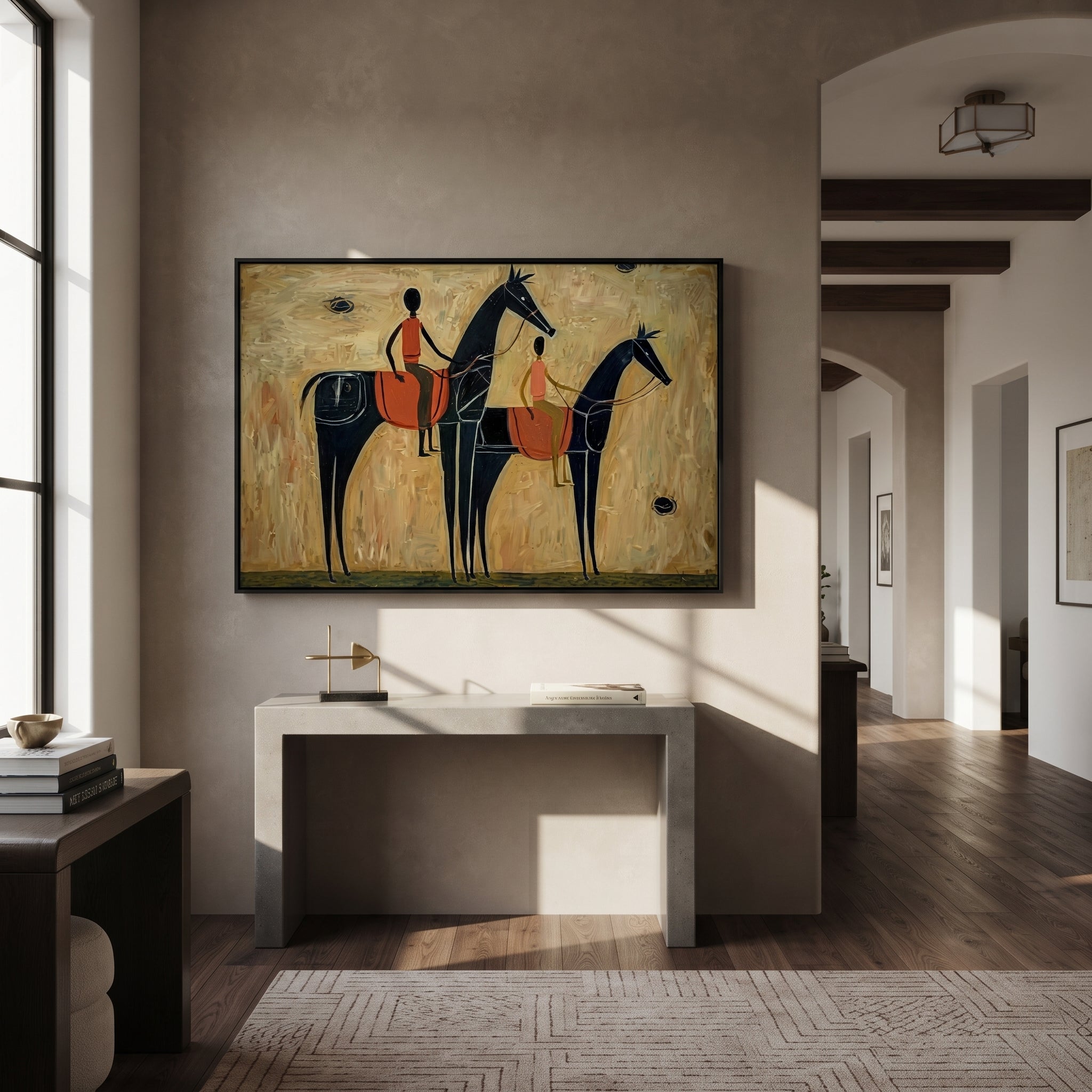 Two Riders Cross Ochre - two black horse riders by Ethan Mercer, contemporary Western horizontal wall art – styled room scene view 4