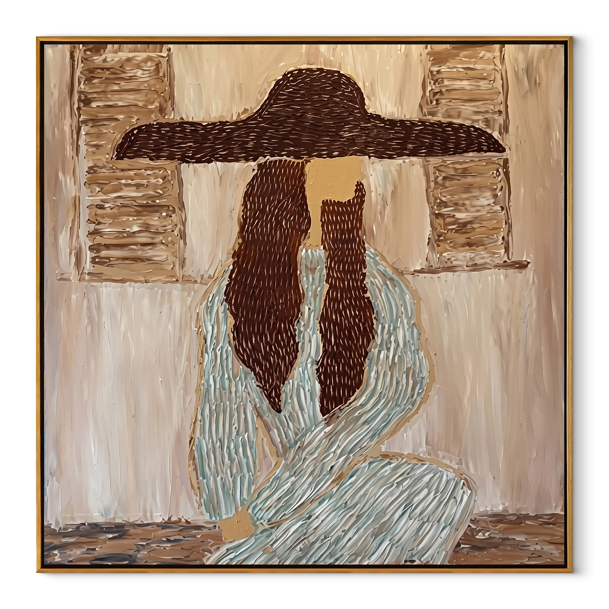 Braided Silence Waits Indoors - cowgirl under hat portrait by Ethan Mercer, contemporary Western square wall art – wood frame on white background