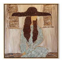 Braided Silence Waits Indoors - cowgirl under hat portrait by Ethan Mercer, contemporary Western square wall art – wood frame on white background