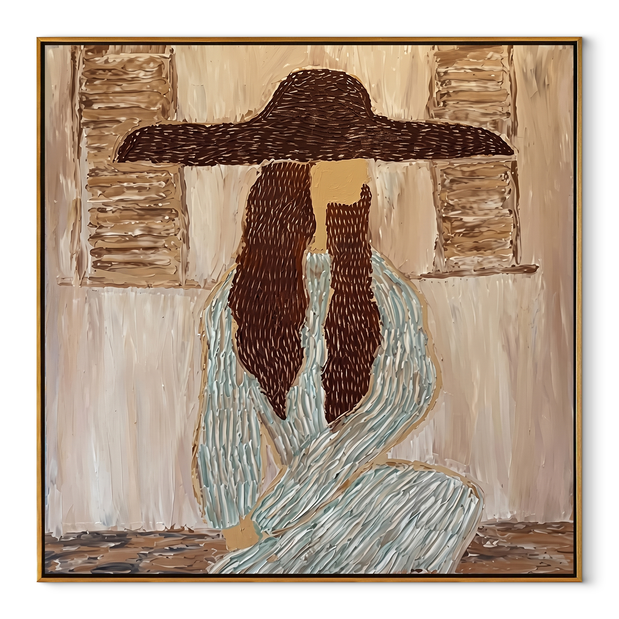 Braided Silence Waits Indoors - cowgirl under hat portrait by Ethan Mercer, contemporary Western square wall art – wood frame on white background