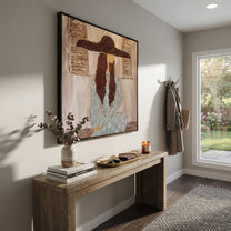 Braided Silence Waits Indoors - cowgirl under hat portrait by Ethan Mercer, contemporary Western square wall art – styled room scene view 2