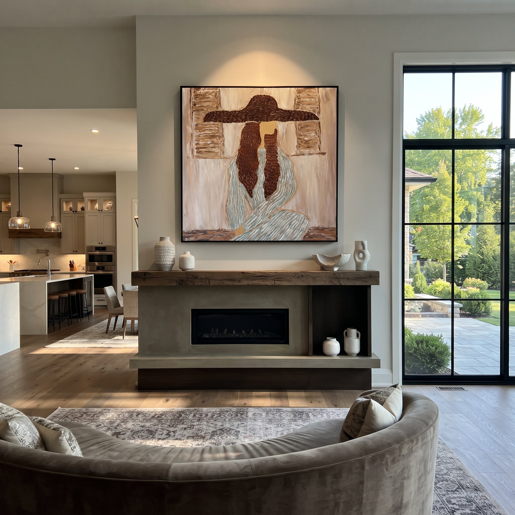 Braided Silence Waits Indoors - cowgirl under hat portrait by Ethan Mercer, contemporary Western square wall art – styled room scene view 3