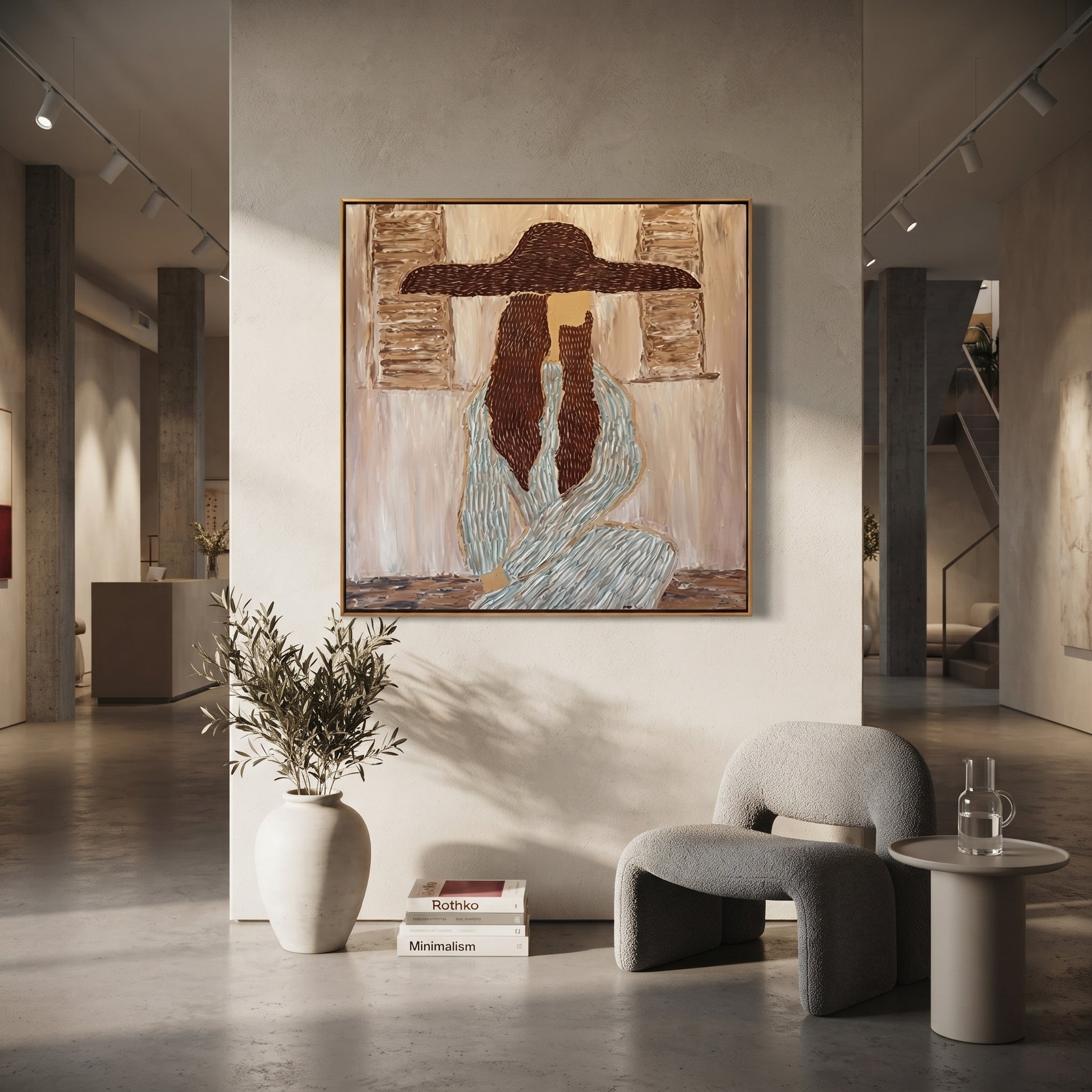 Braided Silence Waits Indoors - cowgirl under hat portrait by Ethan Mercer, contemporary Western square wall art – styled room scene view 4