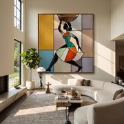 Painted Geometry Walks Forward - geometric woman figure painting by Ethan Mercer, contemporary Western square wall art – styled room scene view 1
