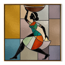 Painted Geometry Walks Forward - geometric woman figure painting by Ethan Mercer, contemporary Western square wall art – wood frame on white background