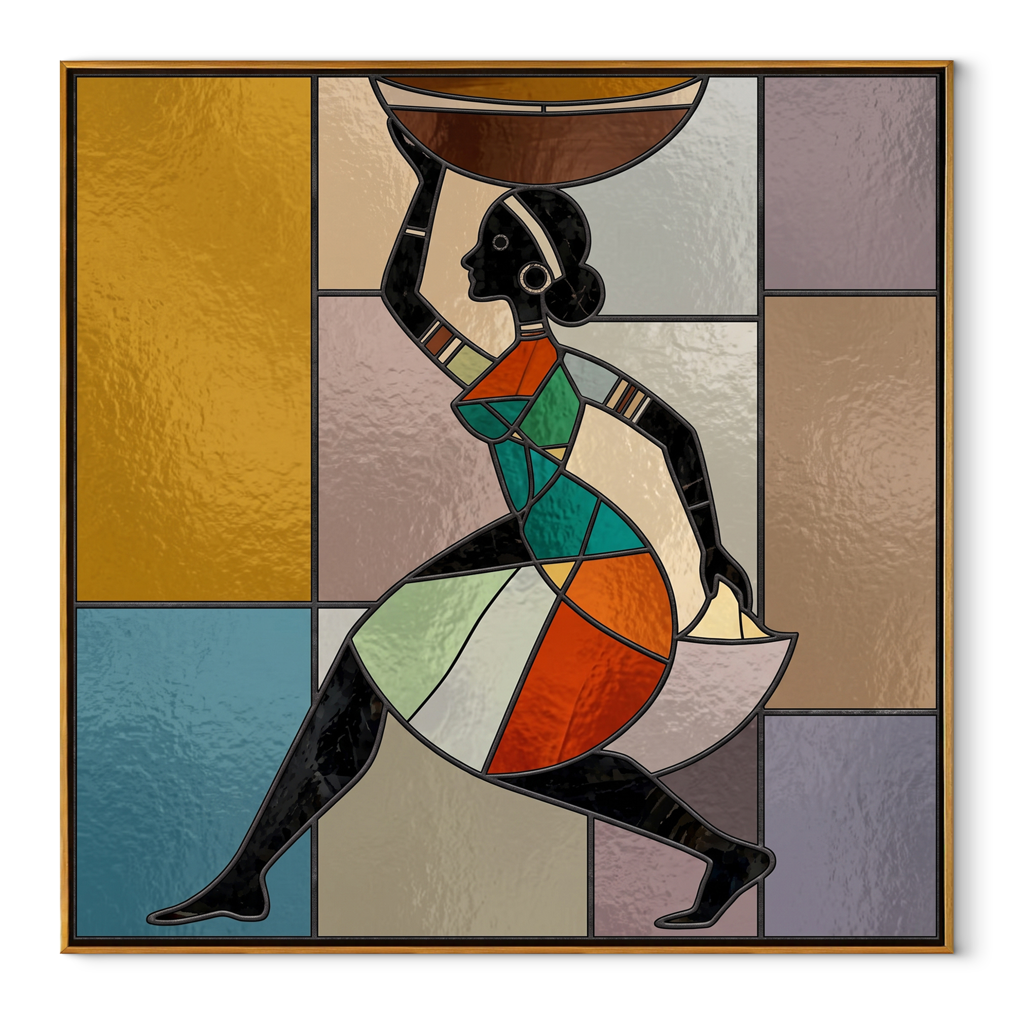 Painted Geometry Walks Forward - geometric woman figure painting by Ethan Mercer, contemporary Western square wall art – wood frame on white background